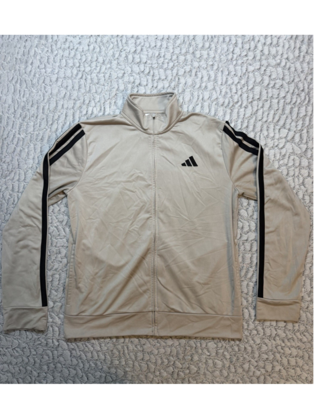 adidas Men's Beige/Black Striped Full-Zip Track Jacket Stand-Up Collar XL